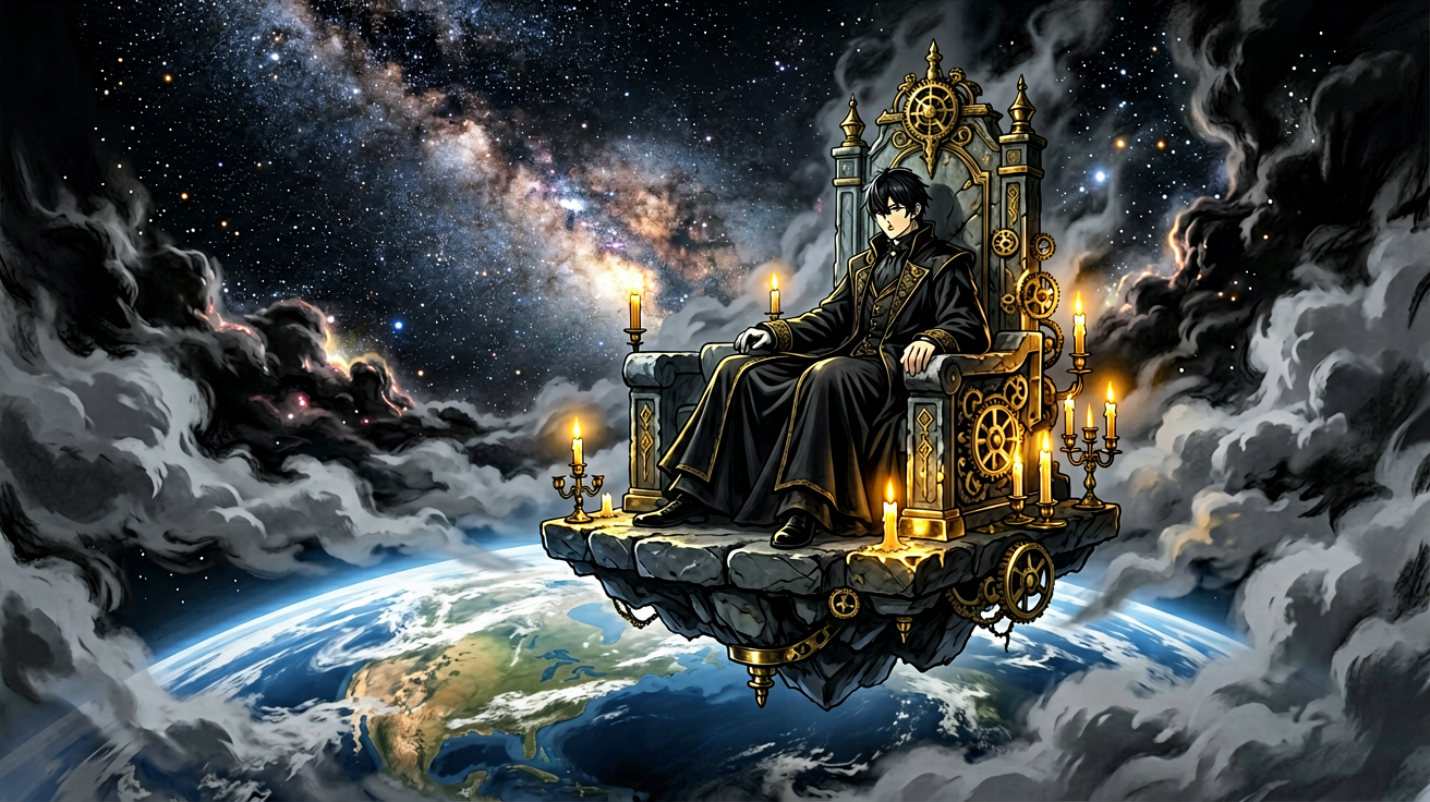星空云海之间，黑衣青年端坐于悬浮的神座之上